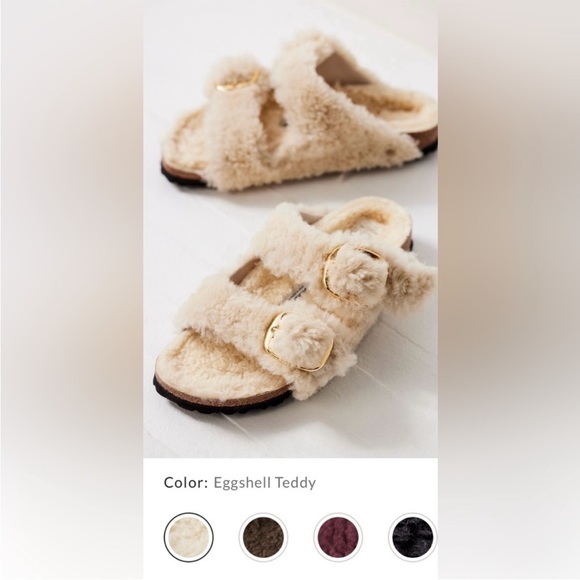 Birkenstock Arizona Gold Big Buckle Shearling Teddy Slide Sandals Cream Size 6 - Picture 4 of 16